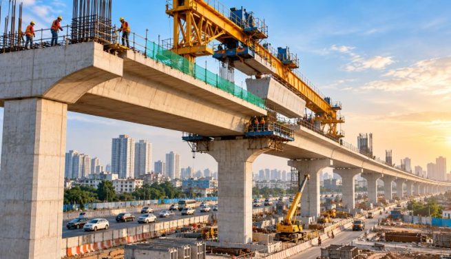 Golden-Hour Flyover Construction in the City
